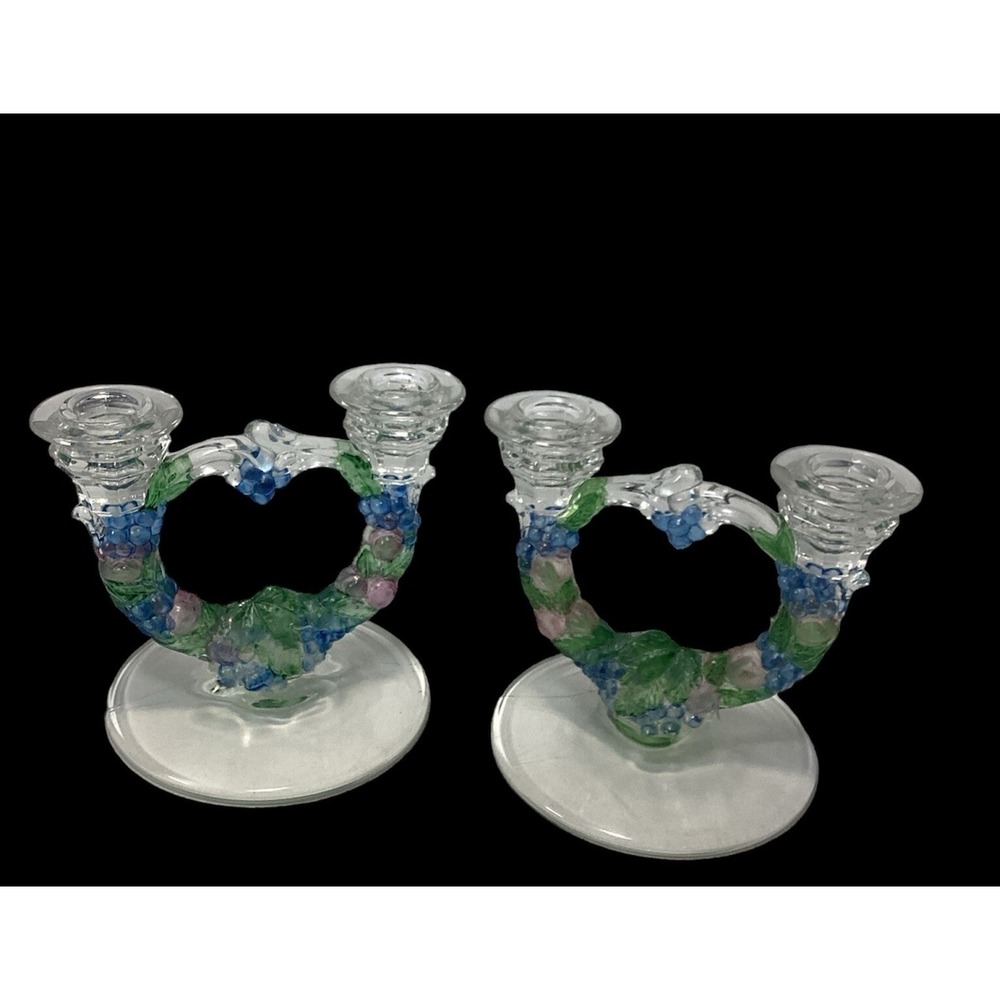 Pair of Fruit GARLAND TWO-LIGHT CANDLESTICKS Stain Color Indiana Glass Company